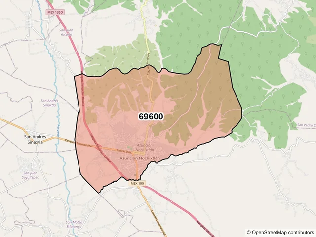 Mapa del código postal 69600, Asunción Nochixtlán, Oaxaca