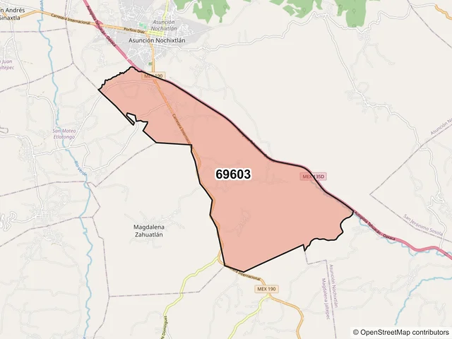 Mapa del código postal 69603, Asunción Nochixtlán, Oaxaca