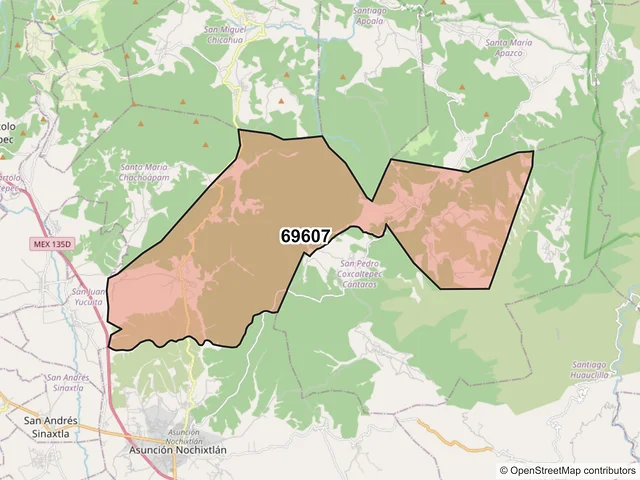 Mapa del código postal 69607, Asunción Nochixtlán, Oaxaca