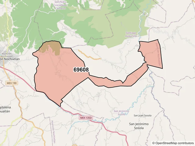 Mapa del código postal 69608, Asunción Nochixtlán, Oaxaca