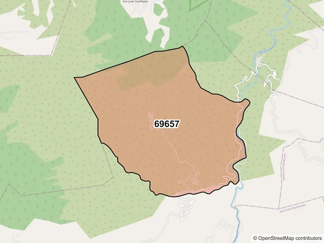 Mapa del código postal 69657, Santiago Huauclilla, Oaxaca