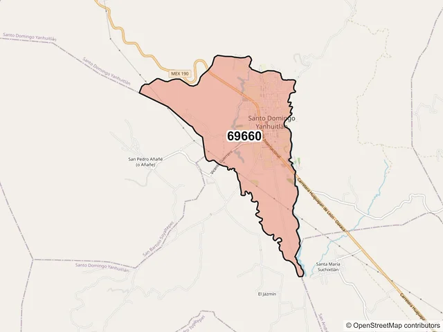 Mapa del código postal 69660, Santo Domingo Yanhuitlán, Oaxaca