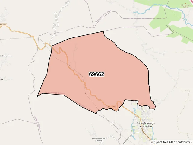 Mapa del código postal 69662, Santo Domingo Yanhuitlán, Oaxaca