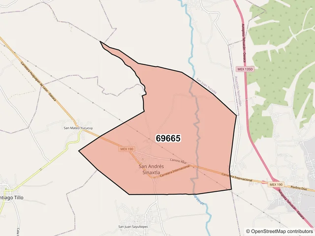 Mapa del código postal 69665, San Andrés Sinaxtla, Oaxaca