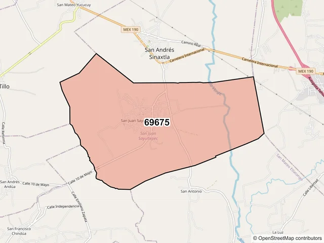 Mapa del código postal 69675, San Juan Sayultepec, Oaxaca