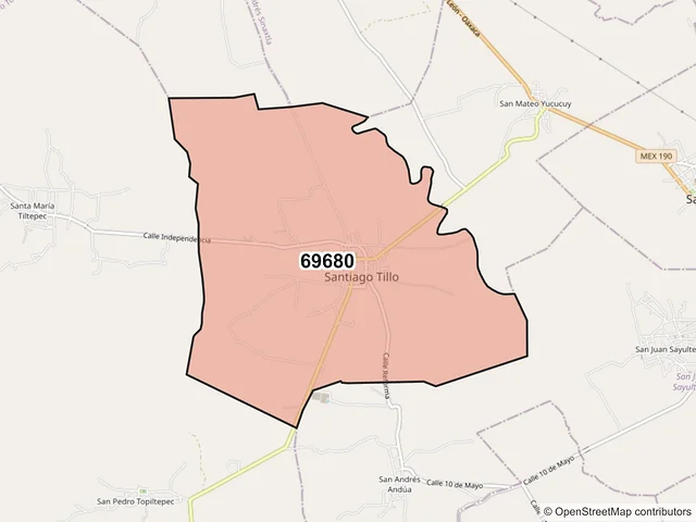 Mapa del código postal 69680, Santiago Tillo, Oaxaca