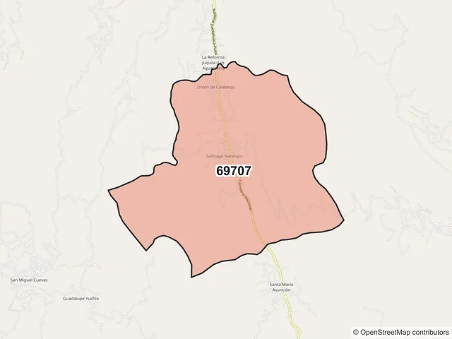 Mapa del código postal 69707, Santiago Juxtlahuaca, Oaxaca