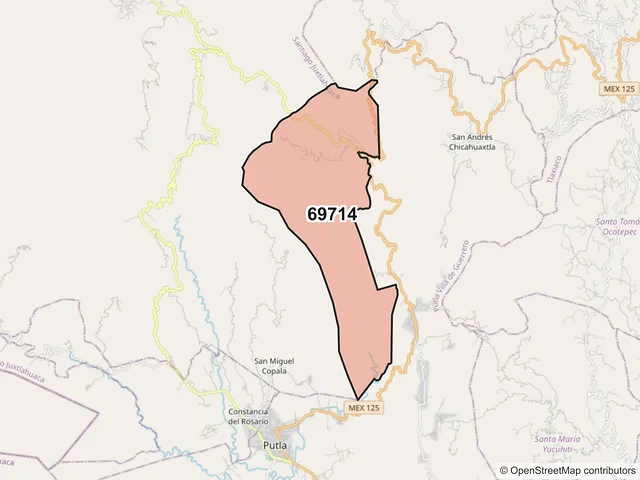Mapa del código postal 69714, Santiago Juxtlahuaca, Oaxaca