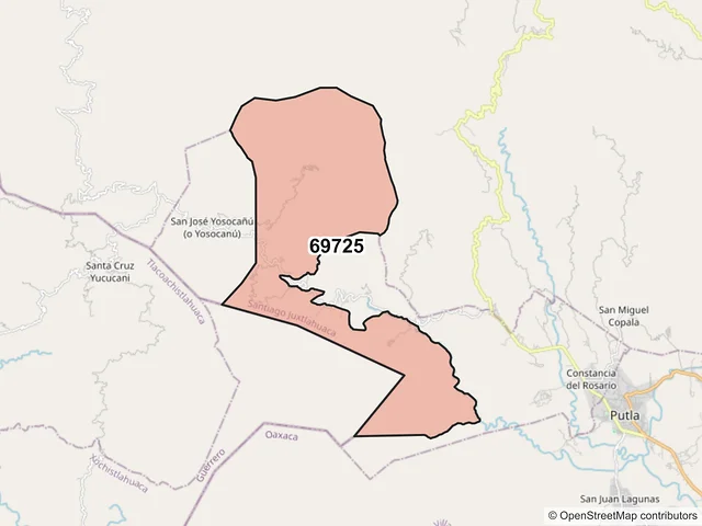 Mapa del código postal 69725, Santiago Juxtlahuaca, Oaxaca