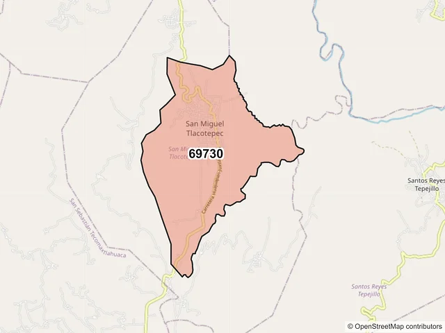 Mapa del código postal 69730, San Miguel Tlacotepec, Oaxaca