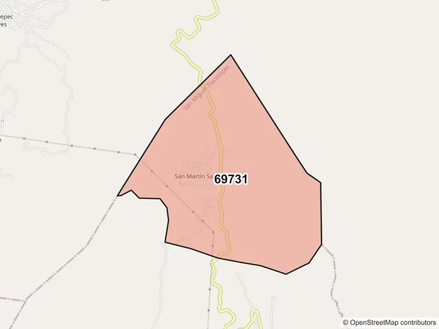 Mapa del código postal 69731, San Miguel Tlacotepec, Oaxaca
