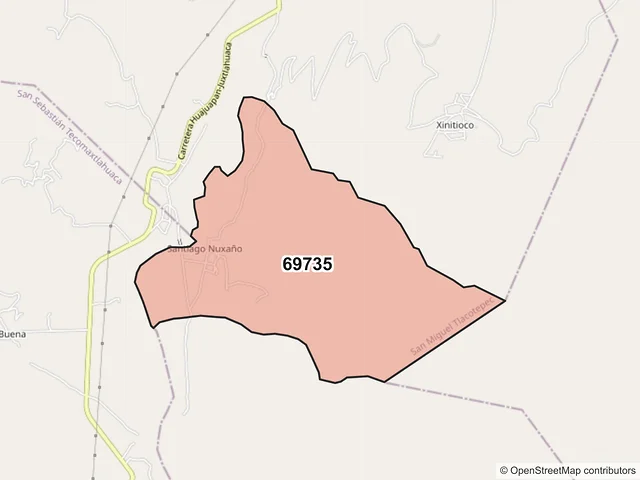 Mapa del código postal 69735, San Miguel Tlacotepec, Oaxaca