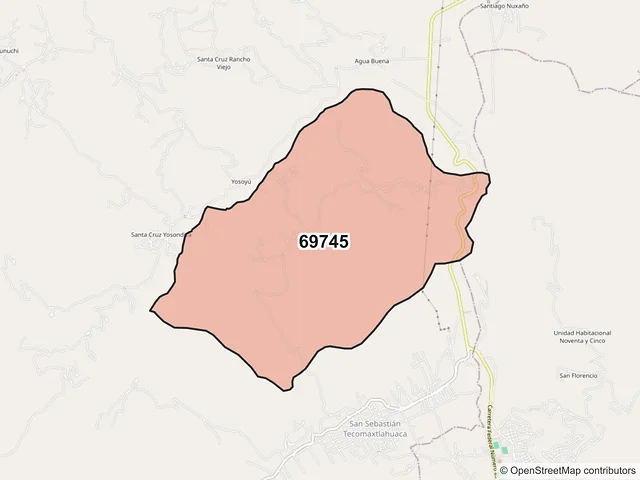 Mapa del código postal 69745, San Sebastián Tecomaxtlahuaca, Oaxaca