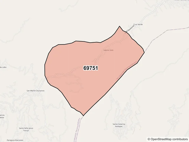 Mapa del código postal 69751, San Sebastián Tecomaxtlahuaca, Oaxaca