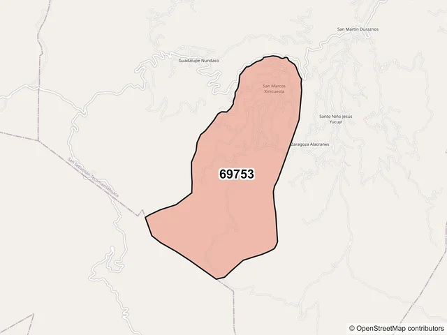 Mapa del código postal 69753, San Sebastián Tecomaxtlahuaca, Oaxaca