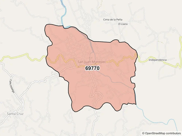 Mapa del código postal 69770, San Juan Mixtepec, Oaxaca