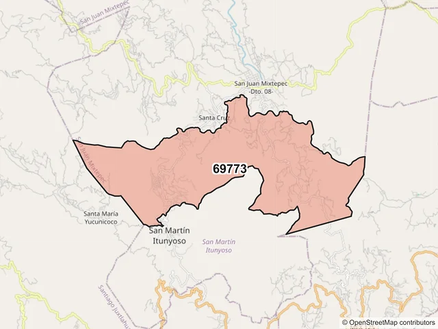 Mapa del código postal 69773, San Juan Mixtepec, Oaxaca