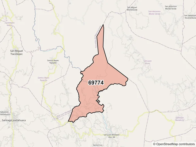 Mapa del código postal 69774, San Juan Mixtepec, Oaxaca