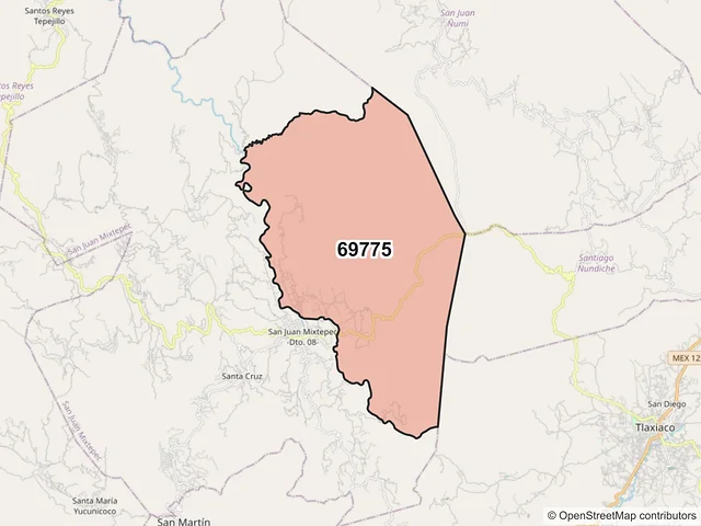 Mapa del código postal 69775, San Juan Mixtepec, Oaxaca