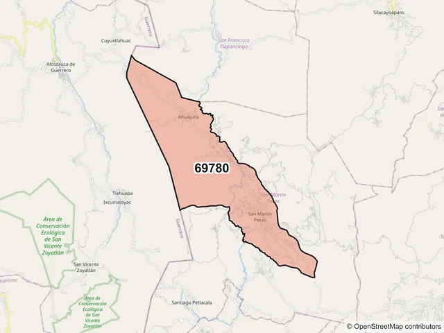 Mapa del código postal 69780, San Martín Peras, Oaxaca