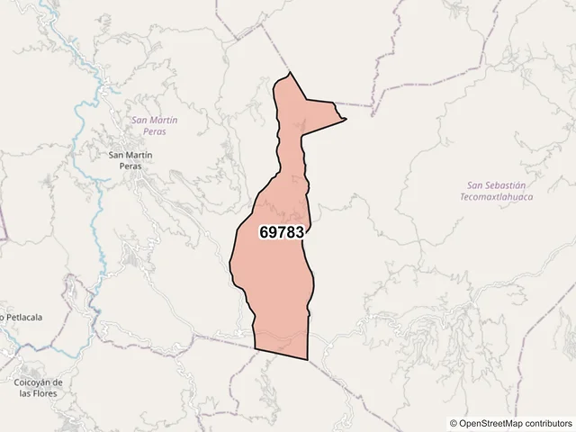 Mapa del código postal 69783, San Martín Peras, Oaxaca