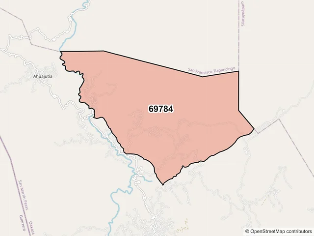Mapa del código postal 69784, San Martín Peras, Oaxaca