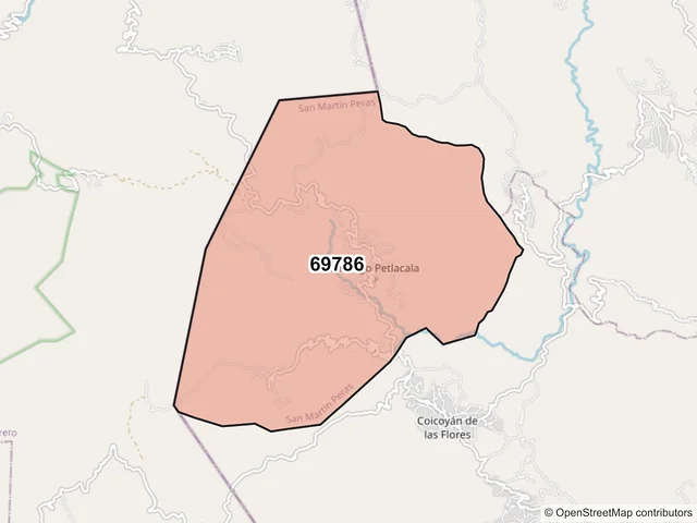 Mapa del código postal 69786, San Martín Peras, Oaxaca