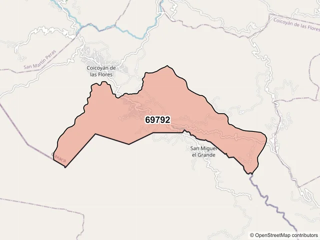 Mapa del código postal 69792, Coicoyán de las Flores, Oaxaca