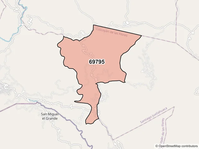 Mapa del código postal 69795, Coicoyán de las Flores, Oaxaca