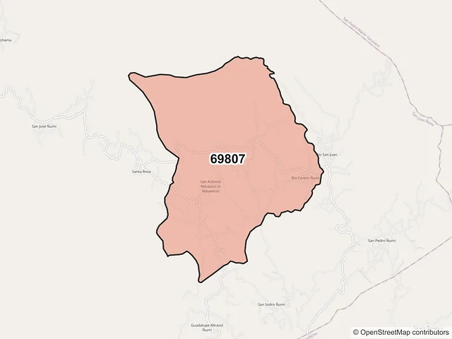 Mapa del código postal 69807, San Juan Ñumí, Oaxaca