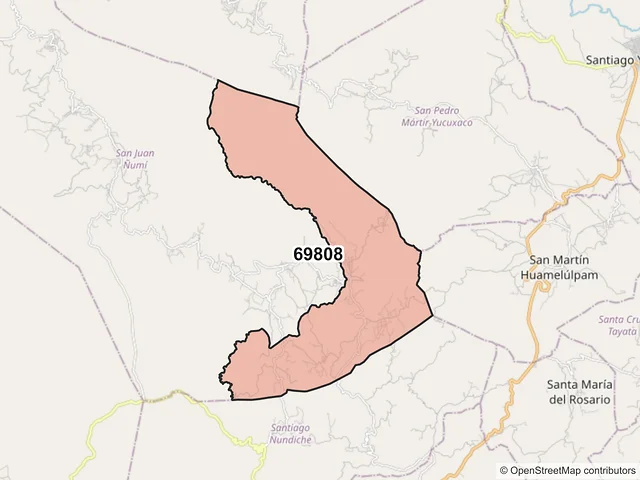 Mapa del código postal 69808, San Juan Ñumí, Oaxaca