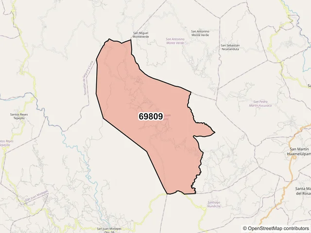 Mapa del código postal 69809, San Juan Ñumí, Oaxaca