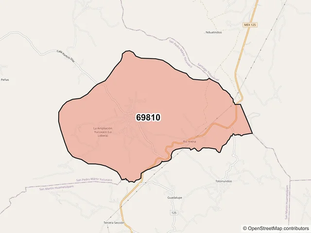 Mapa del código postal 69810, San Pedro Mártir Yucuxaco, Oaxaca