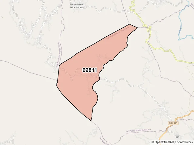 Mapa del código postal 69811, San Pedro Mártir Yucuxaco, Oaxaca