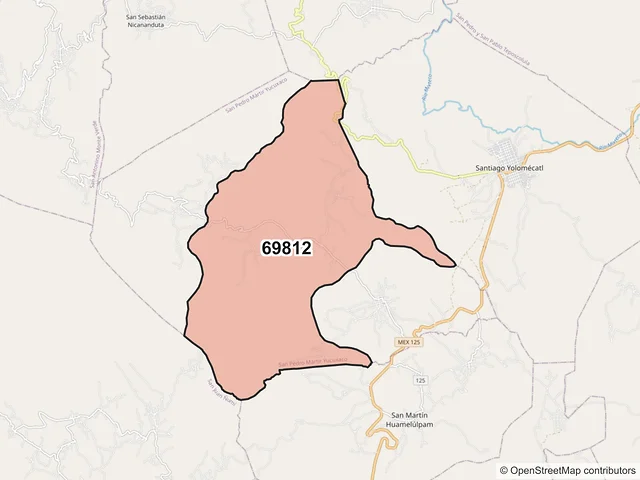 Mapa del código postal 69812, San Pedro Mártir Yucuxaco, Oaxaca
