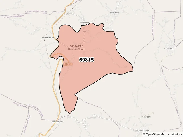 Mapa del código postal 69815, San Martín Huamelúlpam, Oaxaca