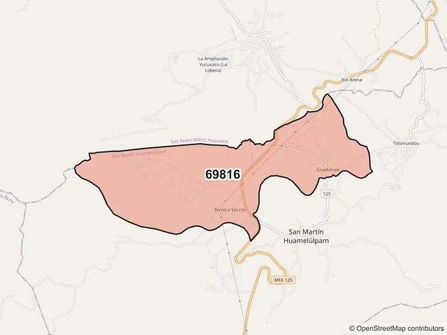 Mapa del código postal 69816, San Martín Huamelúlpam, Oaxaca
