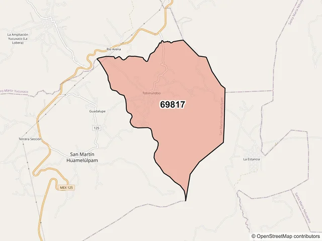 Mapa del código postal 69817, San Martín Huamelúlpam, Oaxaca