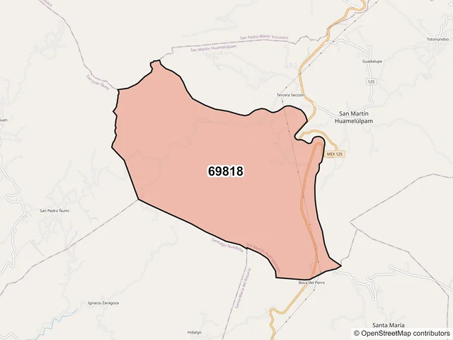Mapa del código postal 69818, San Martín Huamelúlpam, Oaxaca