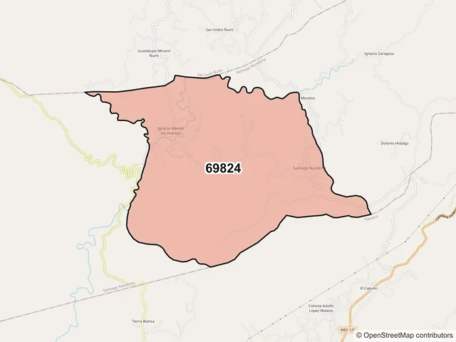 Mapa del código postal 69824, Santiago Nundiche, Oaxaca