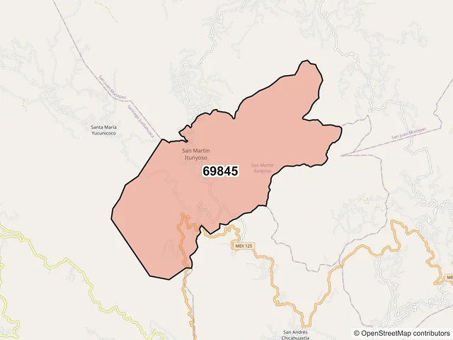 Mapa del código postal 69845, San Martín Itunyoso, Oaxaca