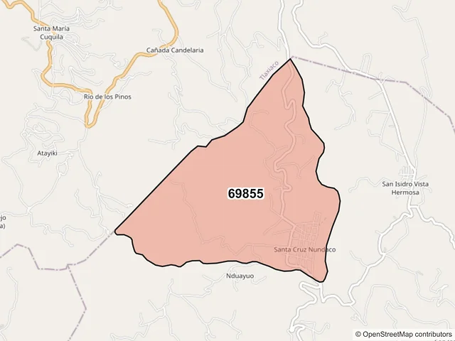 Mapa del código postal 69855, Santa Cruz Nundaco, Oaxaca