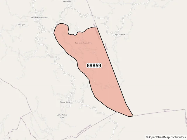 Mapa del código postal 69859, Santa Cruz Nundaco, Oaxaca