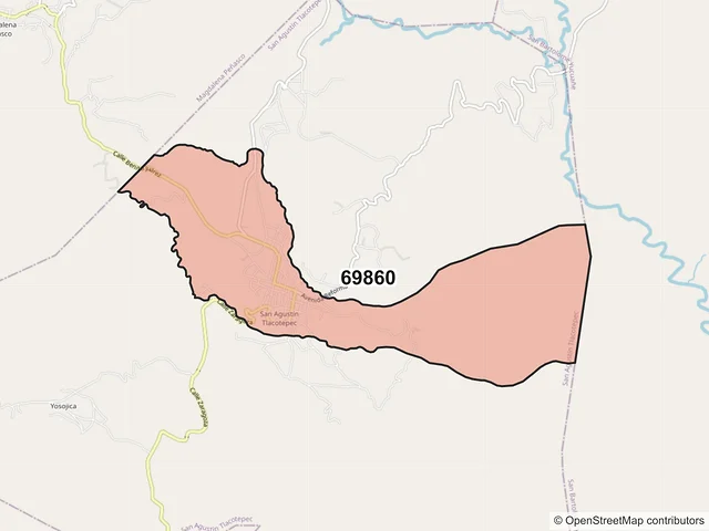 Mapa del código postal 69860, San Agustín Tlacotepec, Oaxaca