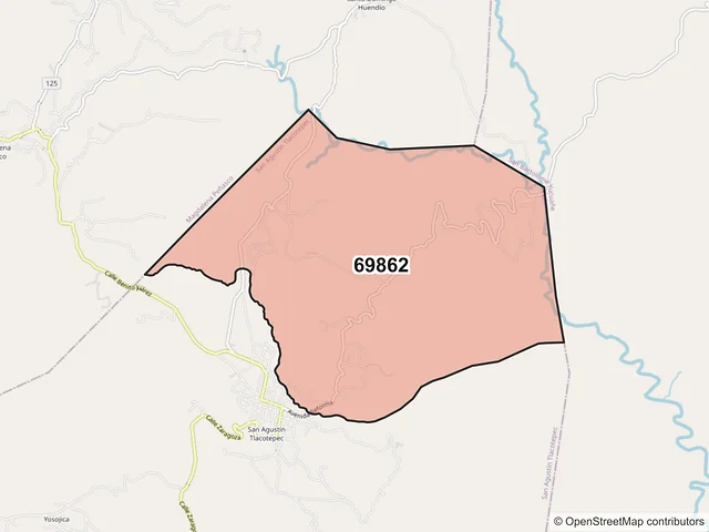 Mapa del código postal 69862, San Agustín Tlacotepec, Oaxaca