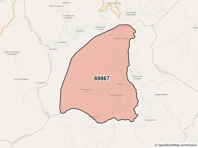 Mapa del código postal 69867, Santo Tomás Ocotepec, Oaxaca