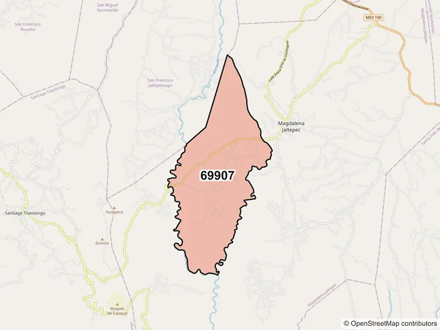 Mapa del código postal 69907, Magdalena Jaltepec, Oaxaca