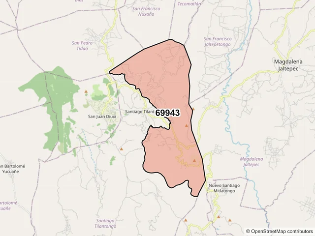 Mapa del código postal 69943, Santiago Tilantongo, Oaxaca