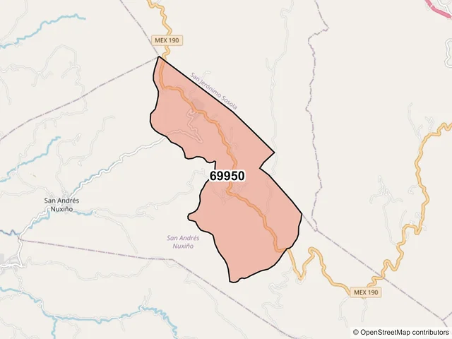 Mapa del código postal 69950, San Andrés Nuxiño, Oaxaca