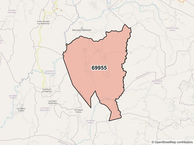 Mapa del código postal 69955, San Juan Tamazola, Oaxaca